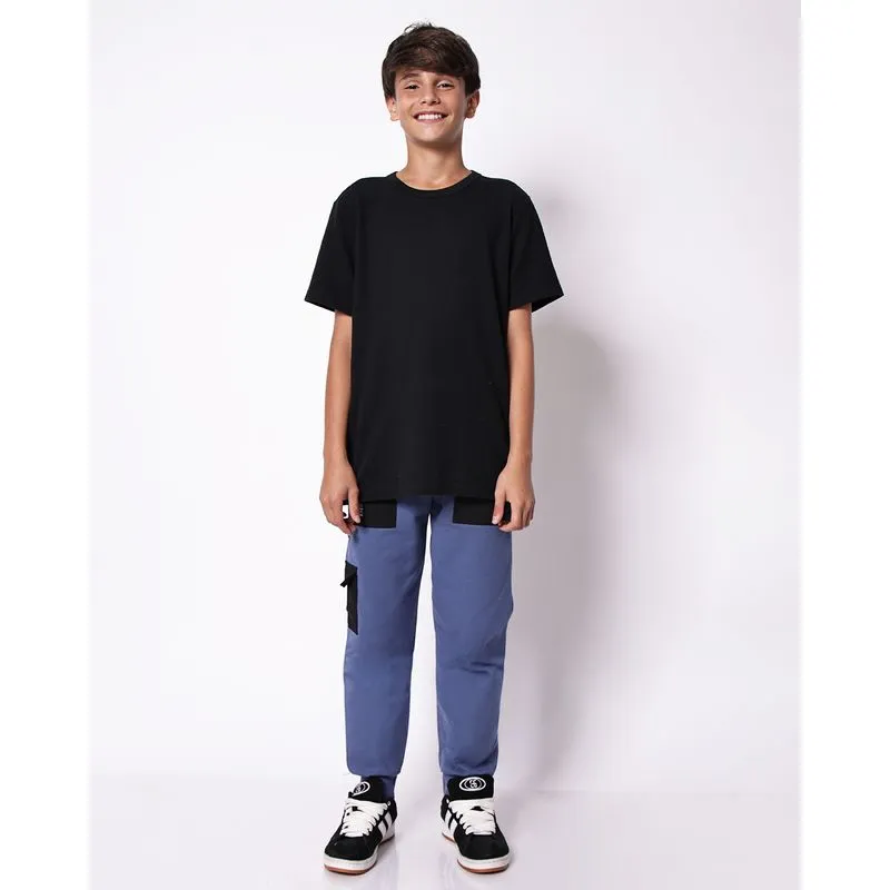 Calça Moletom Juvenil com Recortes e Bolsos Azul 16