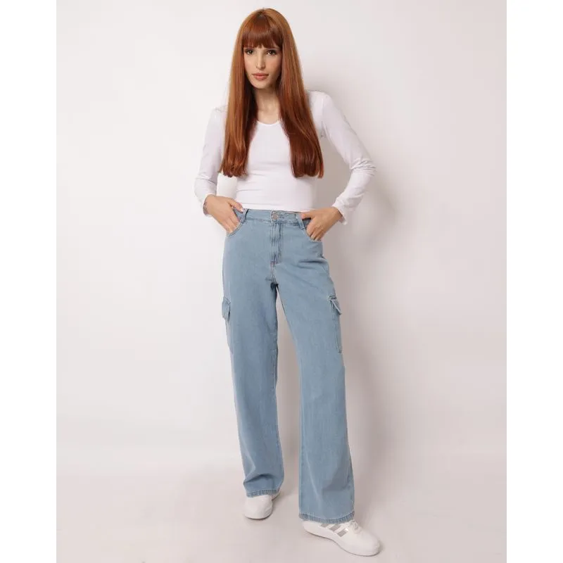 Calça Jeans Feminina Wide Leg Cargo Marmorizado Azul Claro 38