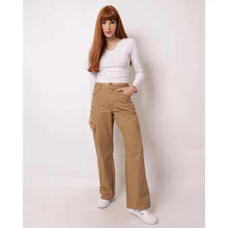 Calça Sarja Feminina Wide Leg Cargo com Bolsos Bege 34