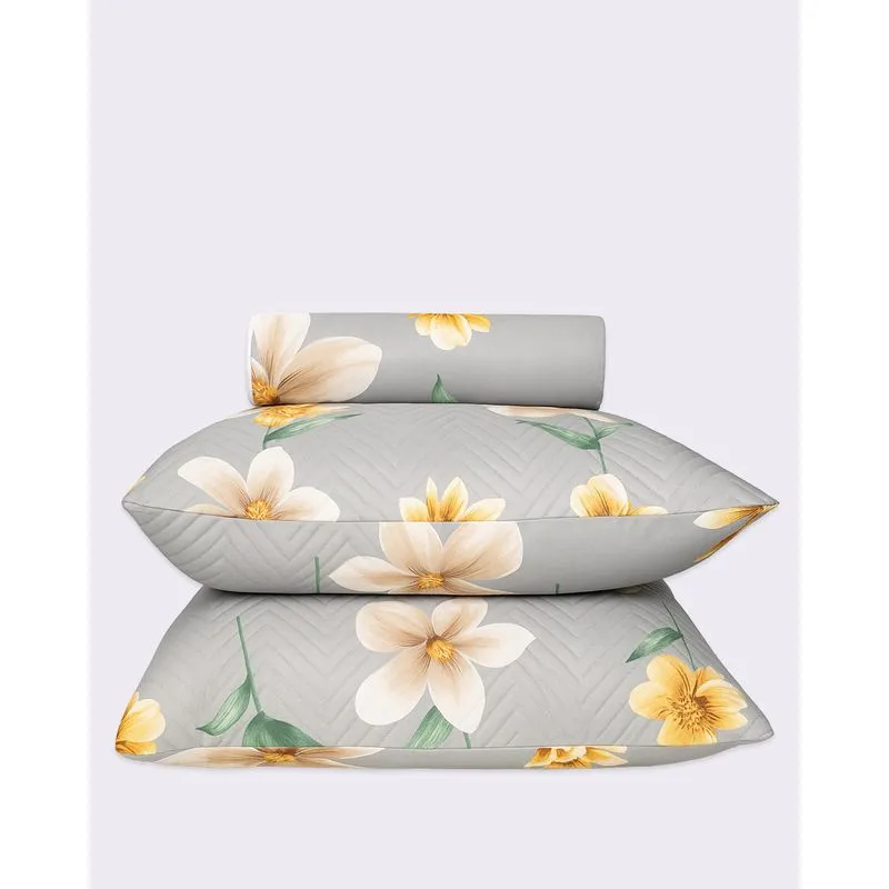 Kit Colcha Casal 3 Peças Arte & Cazza Estampa Floral Cinza UN