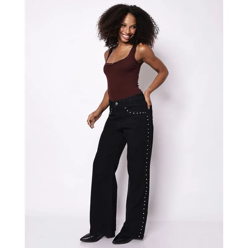 Calça Jeans Feminina Wide Leg Com Aplicação Strass Preta 36