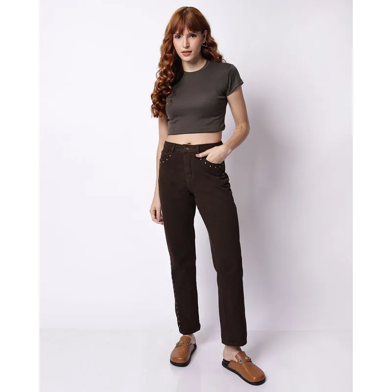 Calça Sarja Feminina Reta com Tachas Metálicas Bolsos Marrom 50