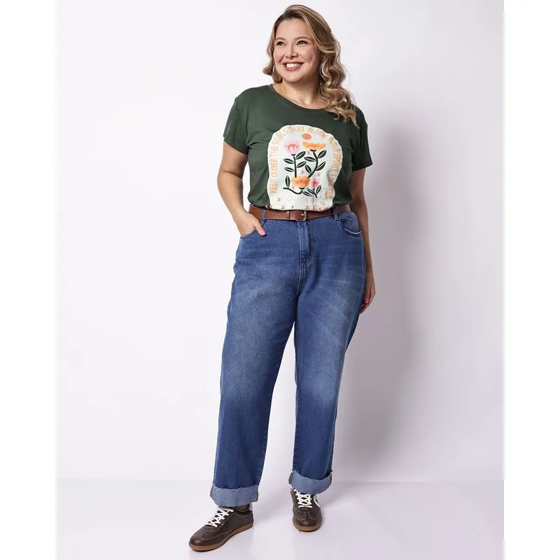 Calça Jeans Feminina Plus Size Reta com Bolsos Barra Dobrada Azul 50