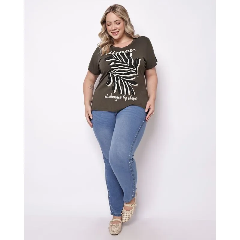 Calça Jeans Plus Size Feminina Reta Aplicação Tachas Prateadas Azul Claro 40