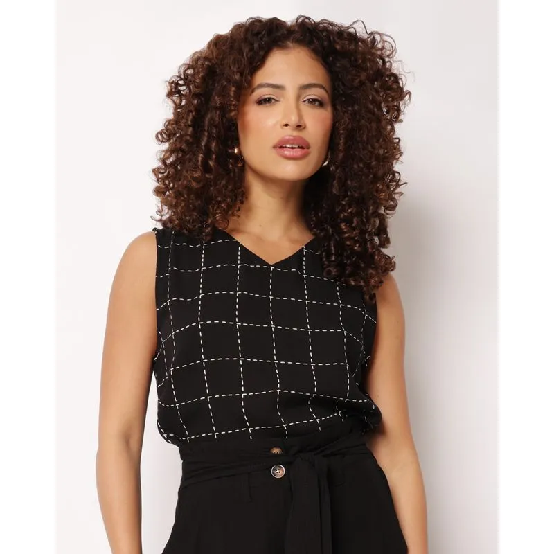 Regata Feminina Viscose Estampada Decote V Preta P