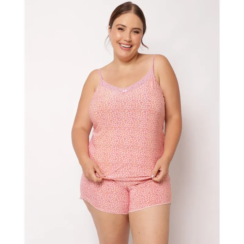 Pijama Plus Size Feminino Curto Liganete Estampado Rosa 52