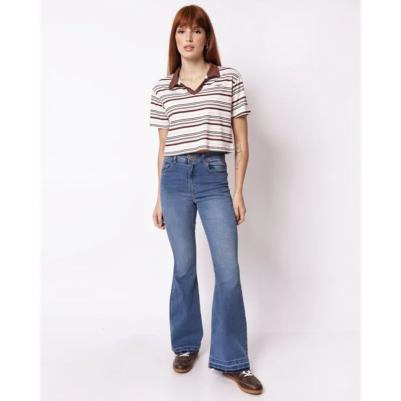 Calça Jeans Feminina Flare Barra Desfiada Azul 40