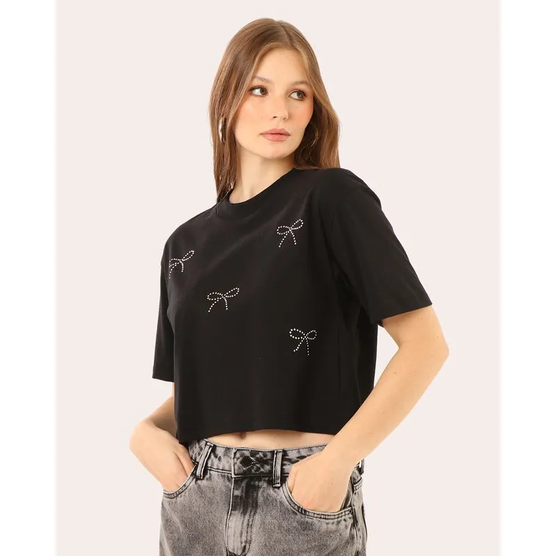 Camiseta Cropped Feminino com Strass Laço Preto P