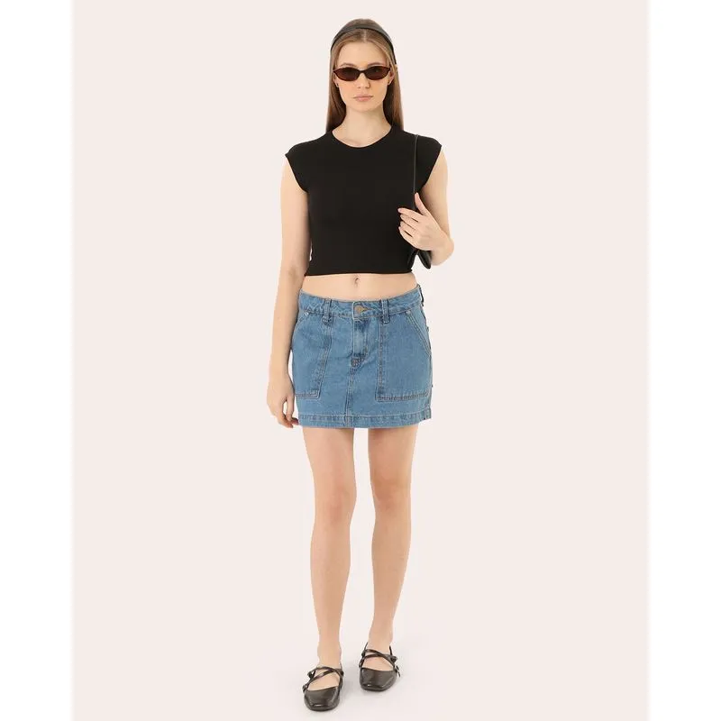 Mini Saia Jeans Feminino Com Bolso Carpinteiro Azul 40