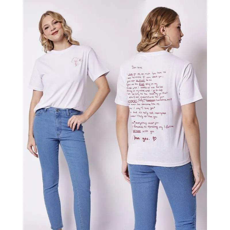 Camiseta Feminina Algodão Estampa Carta de Amor Branca GG