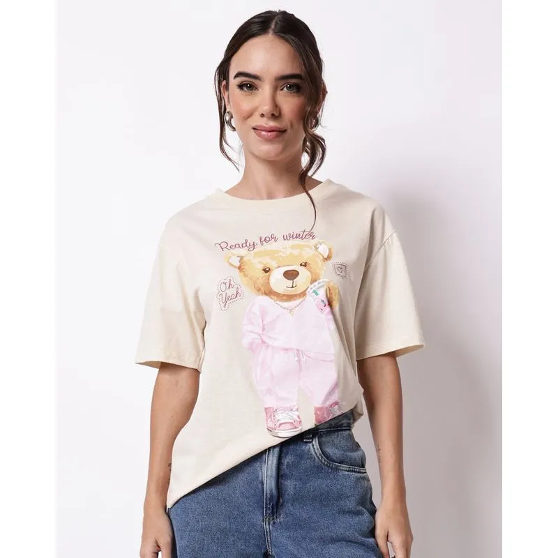 Camiseta Feminina Algodão Oversized Estampa Ursinho Manga Curta Bege G