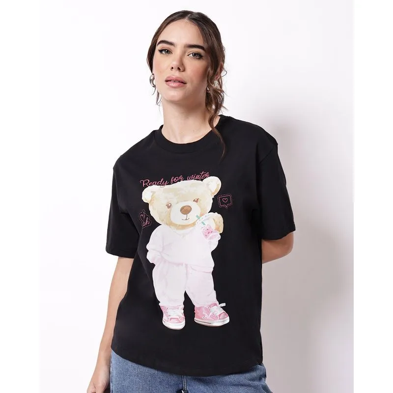 Camiseta Feminina Algodão Oversized Estampa Ursinho Manga Curta Preta P