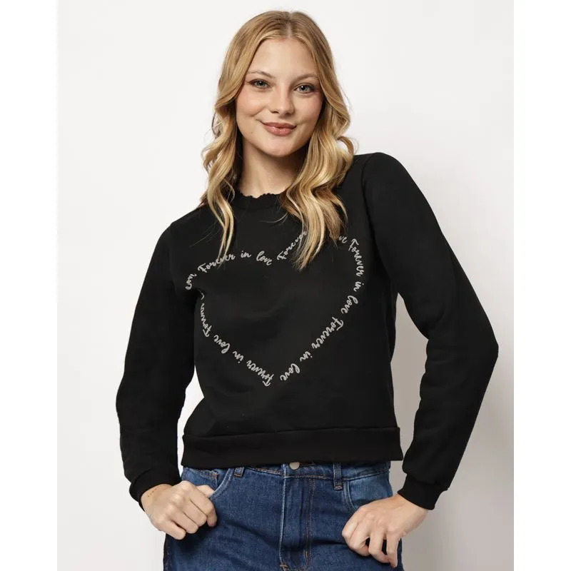 Blusão Moletom Feminino com Estampa Coração Preto G