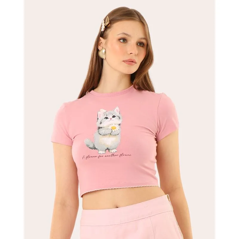Blusa Feminina Cropped Estampa Gato Laço Barra Picueta Rosa G