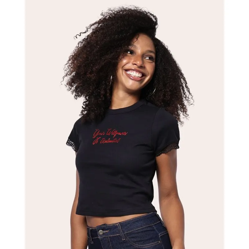 Blusa Feminina Cropped Estampa Foil Renda Preta XG