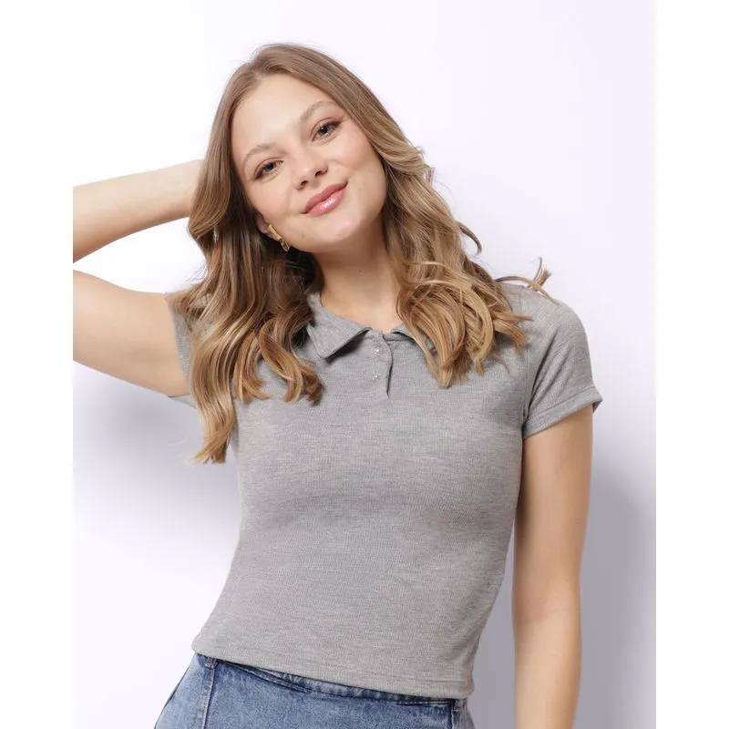 Blusa Polo Feminina Ribana com Botões Cinza GG