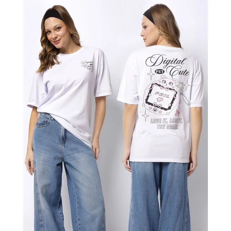 Camiseta Feminina Oversized Estampa Frente e Costas Branca M