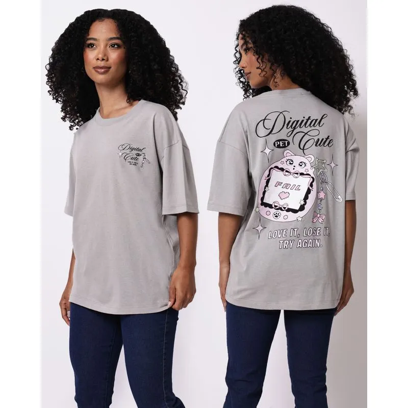 Camiseta Feminina Oversized Estampa Frente e Costas Cinza P
