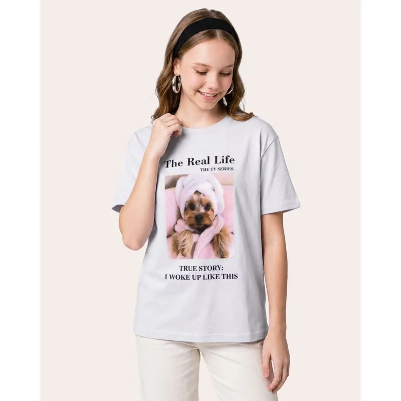 Camiseta Feminina Oversized Algodão Cachorrinho Branca M
