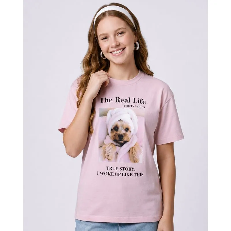 Camiseta Feminina Oversized Algodão Cachorrinho Rosa G