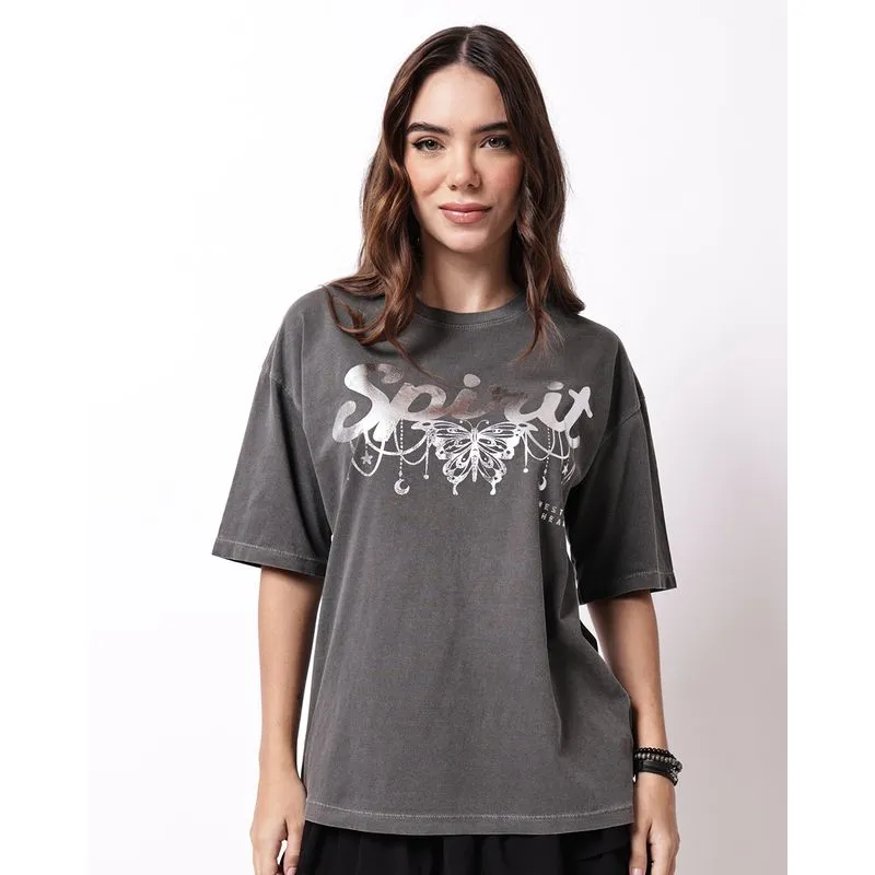 Camiseta Feminina Algodão Estonada Oversized Estampa Foil Spirit Cinza P