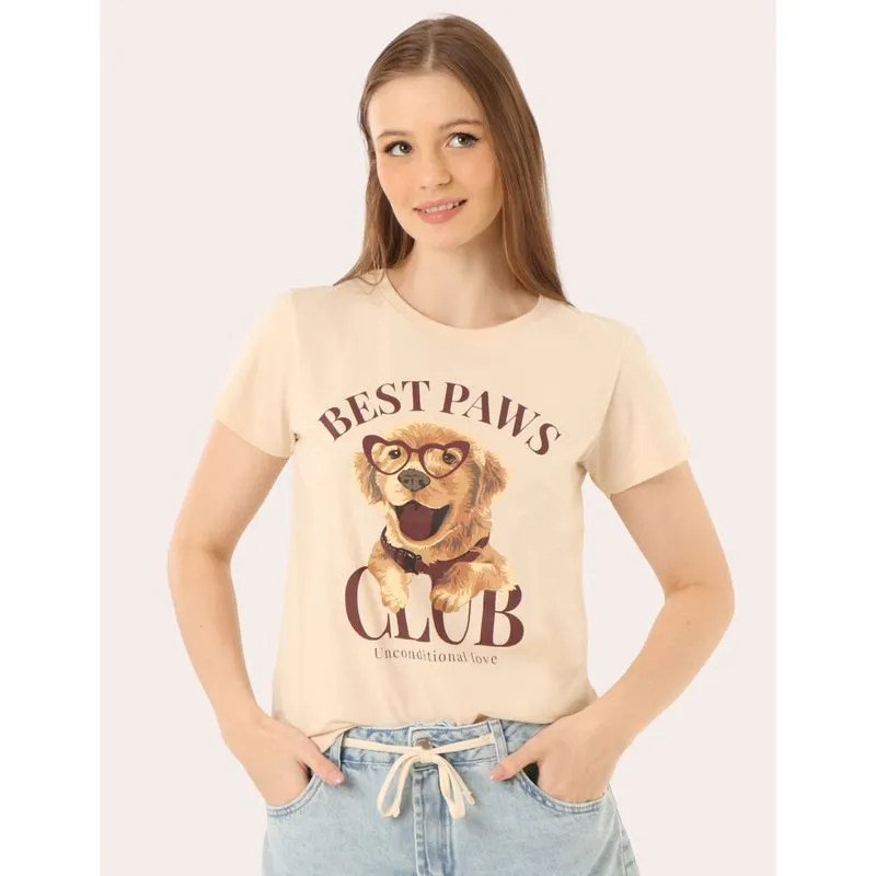 Camiseta Feminina Algodão Estampa Manga Curta Bege P