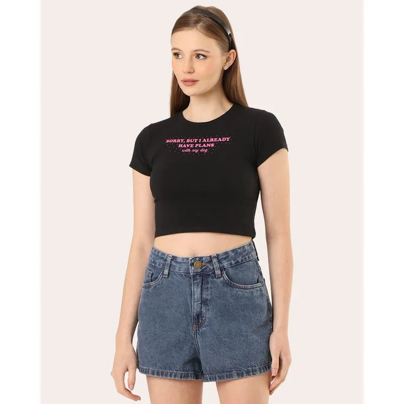 Blusa Feminina Cropped Estampada Strass Manga Curta Preta M
