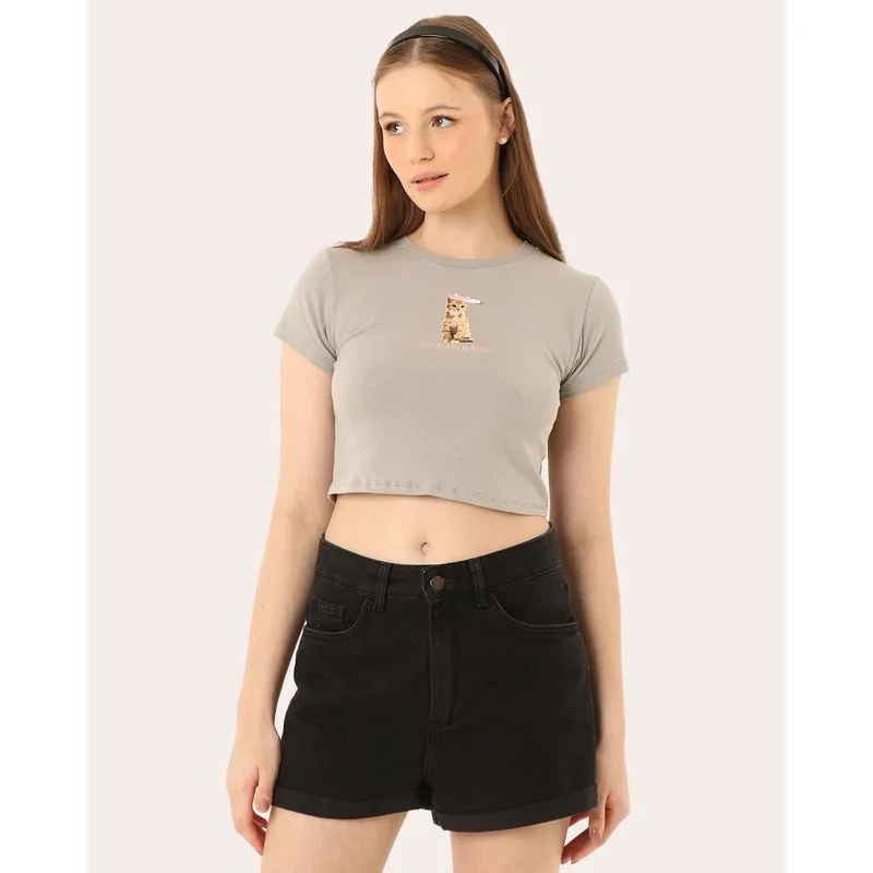 Camiseta Feminina Cropped Estampa Gatinho de Lacinho Cinza GG