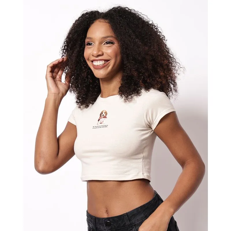Camiseta Feminina Cropped com Estampa Cachorrinho Bege GG