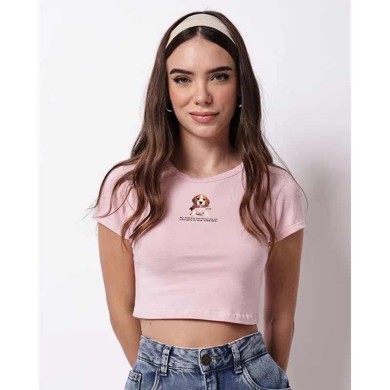 Camiseta Feminina Cropped com Estampa Cachorrinho Manga Curta Rosa G
