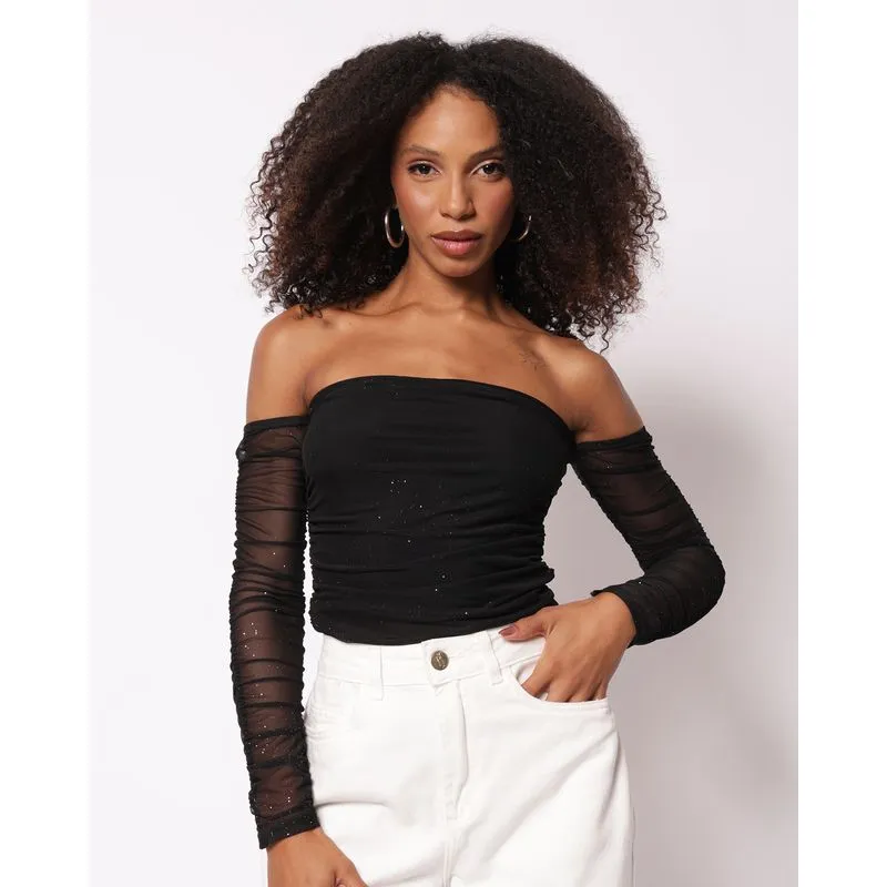 Blusa Feminina Ciganinha Tule com Glitter Manga Longa Preta GG