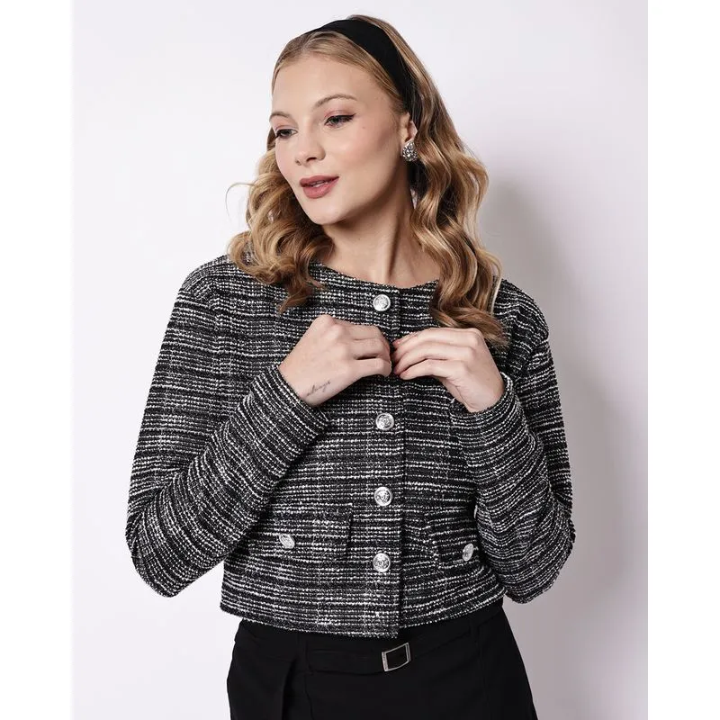 Casaco Feminino Cropped Tweed com Lurex Preto M