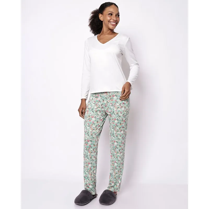 Pijama Longo Feminino Suede Floral Off White GG