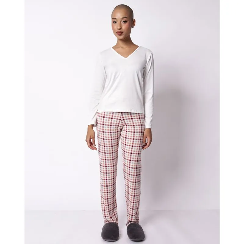 Pijama Feminino Longo Xadrez Decote V Off White GG