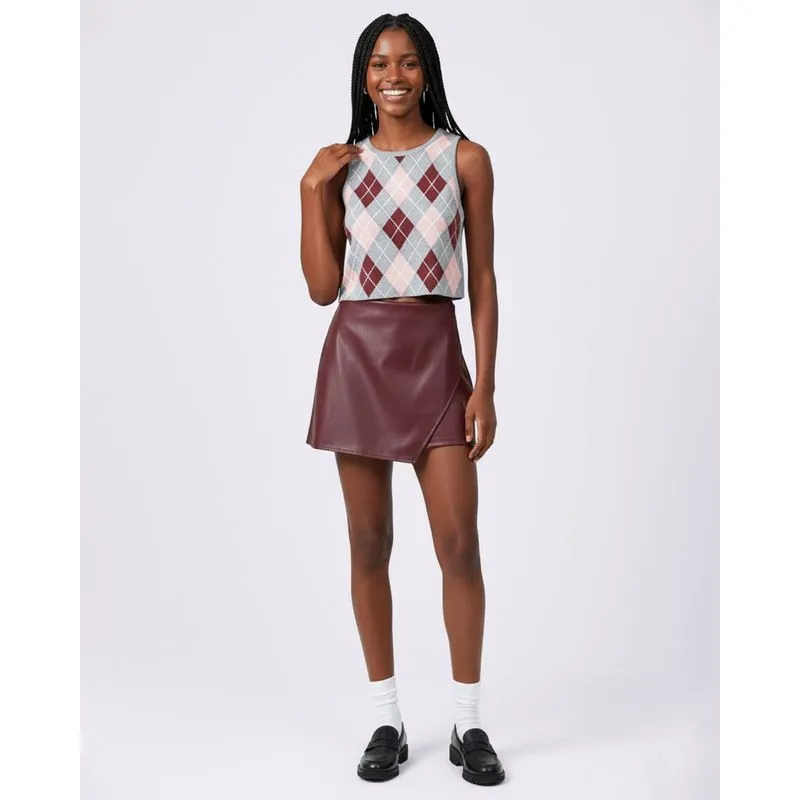 Short Saia Feminino Curto PU com Recorte Vinho P
