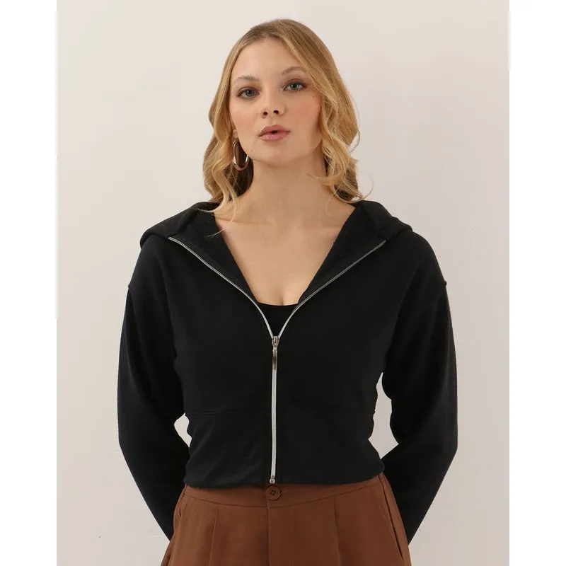 Jaqueta Moletom Feminino Cropped com Capuz Preta M