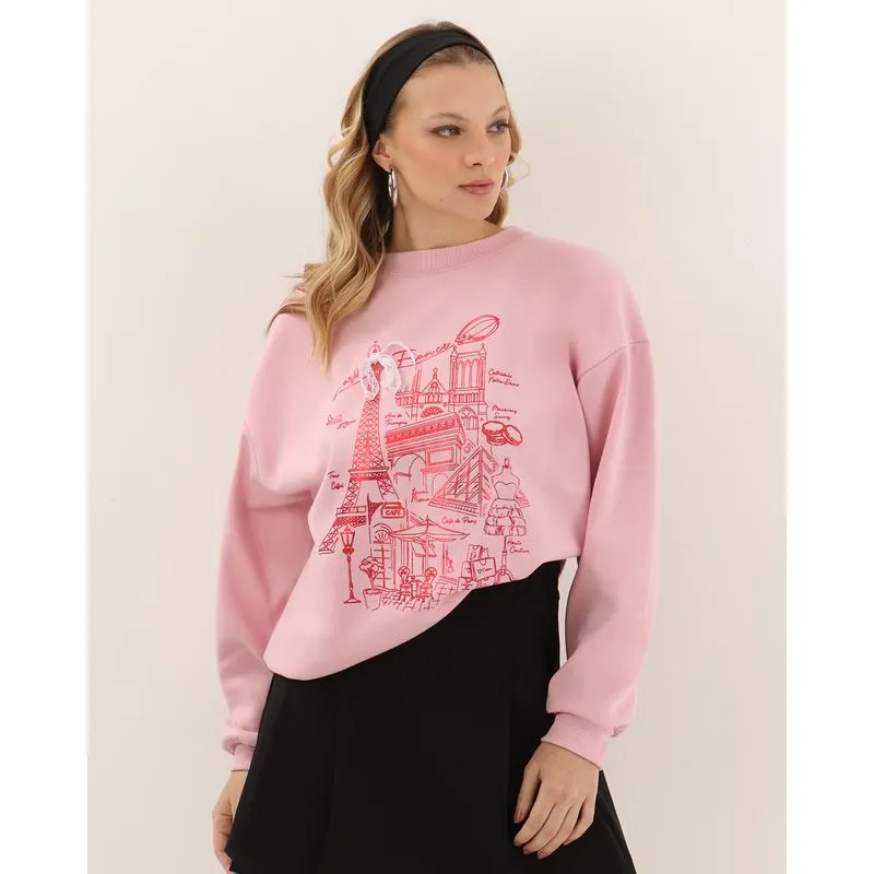 Blusão Moletom Feminino Laço Renda Paris Rosa GG