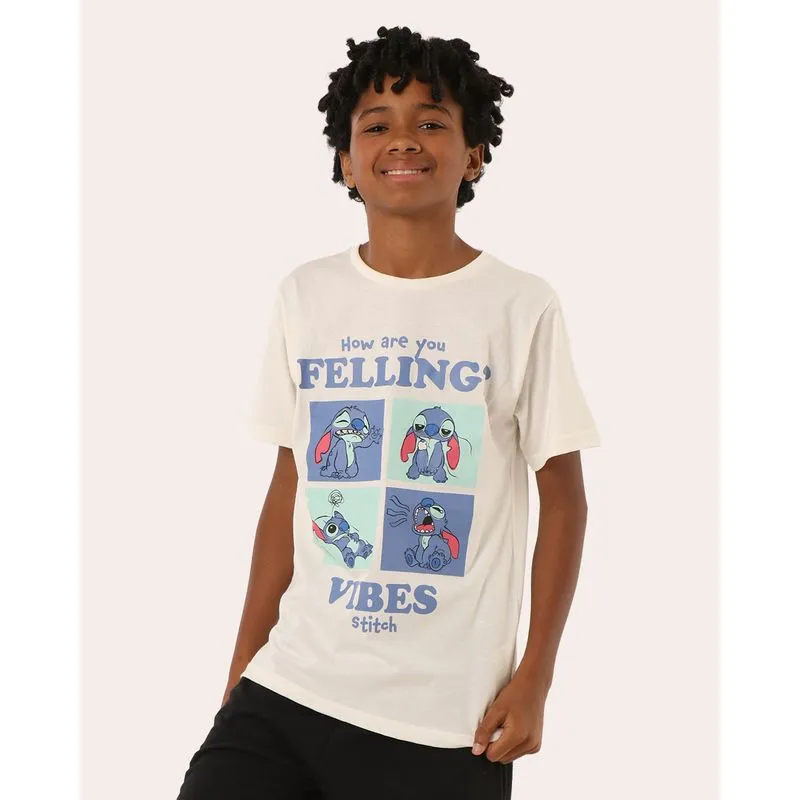 Camiseta Juvenil Disney Stitch Manga Curta Off White 14