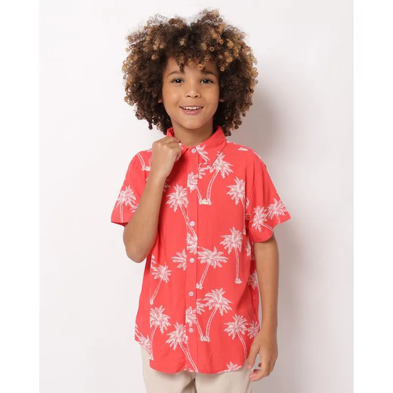Camisa Infantil Viscose Estampada Tropical Manga Curta Vermelha 4