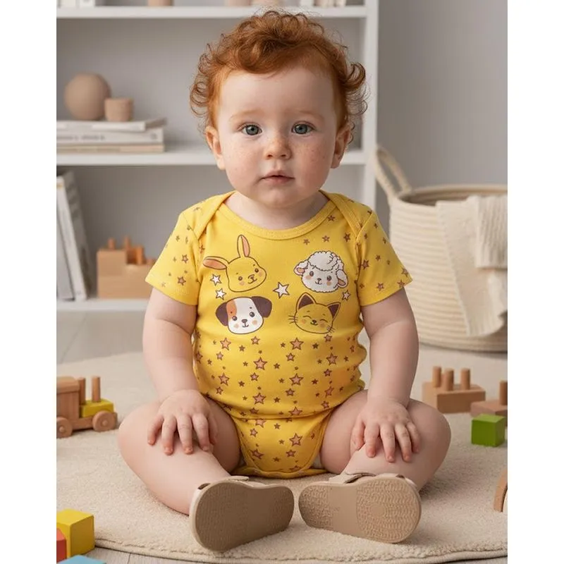 Body Bebê Manga Curta Estampa Bichinhos Amarelo G
