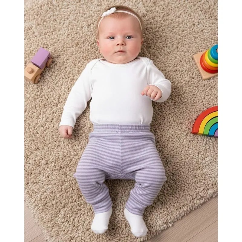 Calça Bebê Culote Vira Pé Listrada Cinza Lilás M