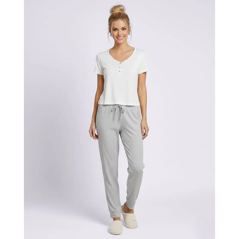 Pijama Feminino Longo Manga Curta com Botões Cinza M
