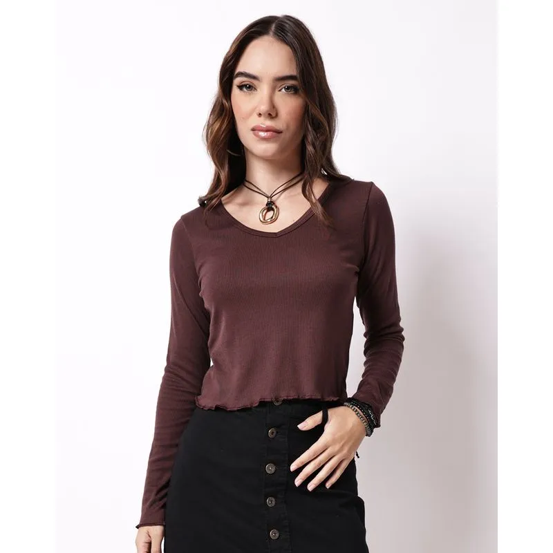 Blusa Feminina Cropped Ribana Barra Frufru Manga Longa Marrom P