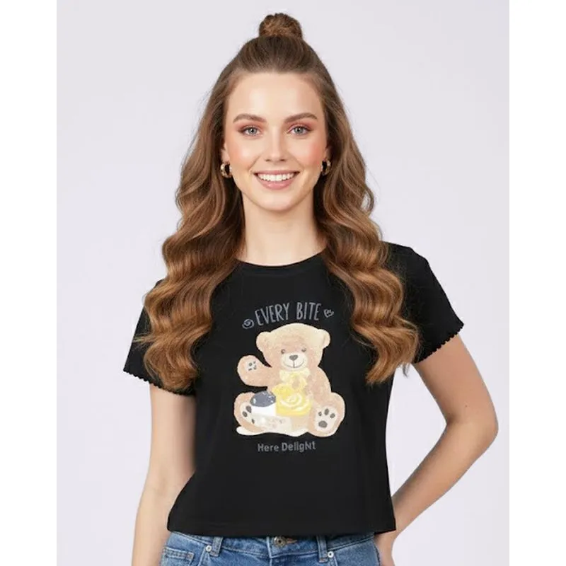 Blusa Feminina com Estampa Urso Manga Curta Preta P
