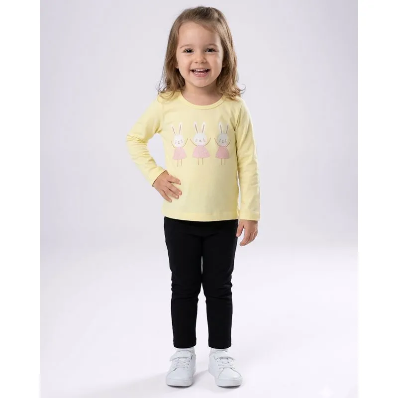 Camiseta Bebê Manga Longa Algodão Coelhos Amarelo 1