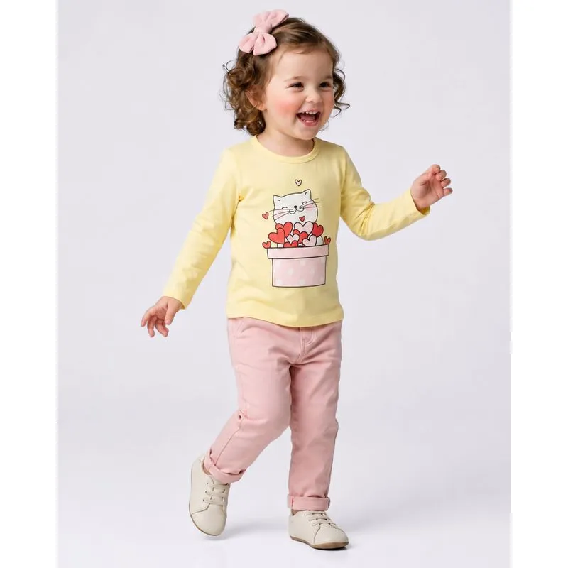 Camiseta Bebê Manga Longa Gatinho Amarela 1