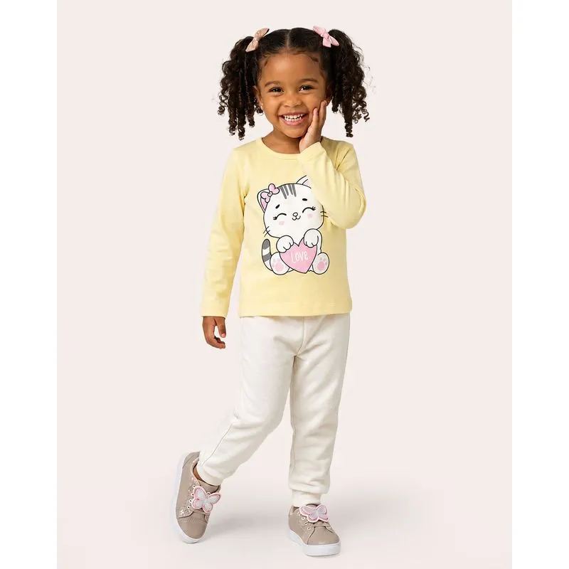 Blusa Bebê Manga Longa Estampa Gatinho Amarelo 4