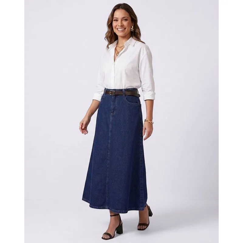 Saia Jeans Feminina Midi com Cinto Azul 42