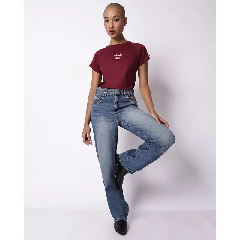Calça Jeans Feminina Reta Estonada com Tachas Azul 44