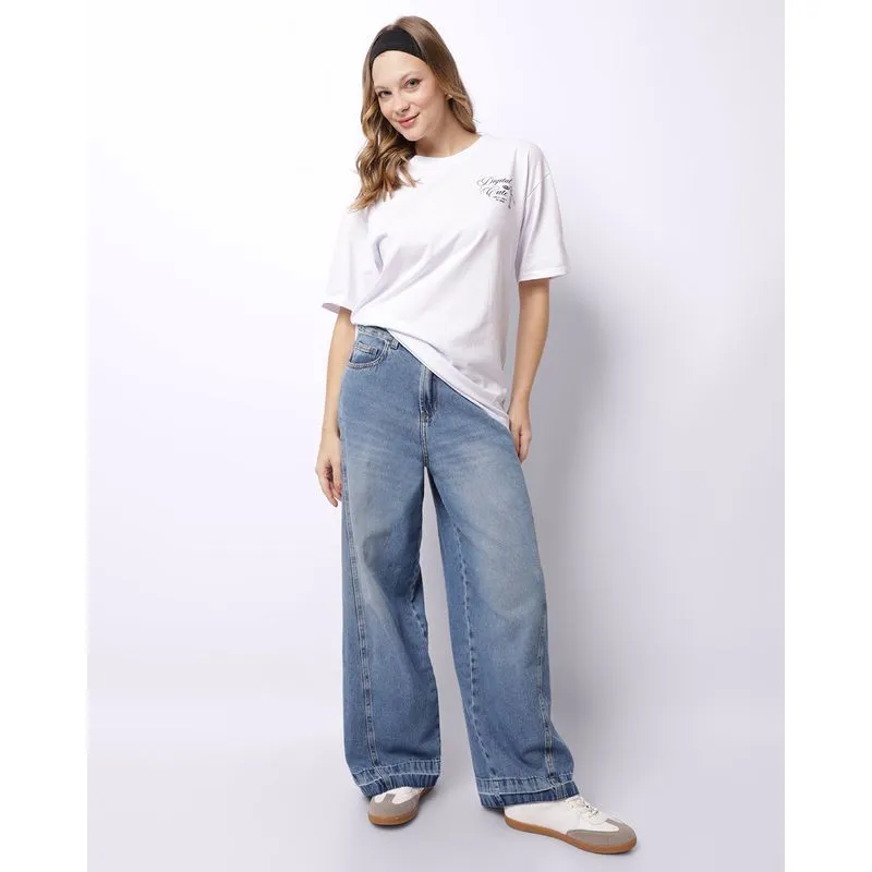 Calça Jeans Feminina Wide Leg com Recortes Bolsos Azul 40